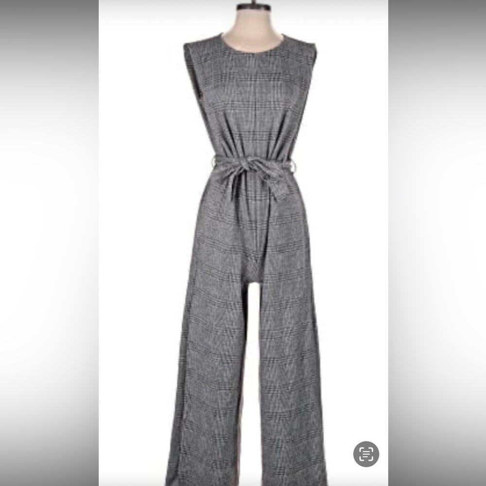 Max Studio Grey Plaid Wide-Leg Tie-Waist Jumpsuit